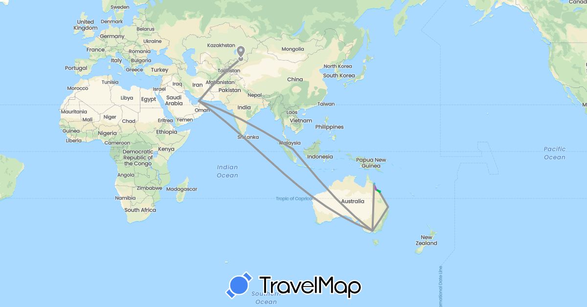 TravelMap itinerary: driving, bus, plane, train, boat in United Arab Emirates, Australia, Kazakhstan, Singapore (Asia, Oceania)
